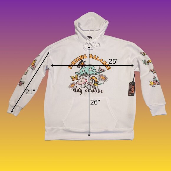 Faded Rose  White Graphic Hoodie Sweatshirt w/ Sleeve Butterflies Sz M - Picture 2 of 6